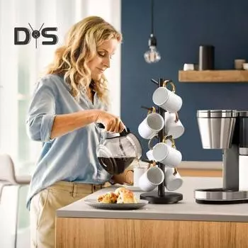 Подстаканники Деревянная вращающаяся подставка для чашки с 8 крючками Кофейная кружка Дерево для прилавка Держатель для кофейной кружки Кофейный бар Дисплей Стенд