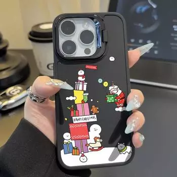 Подставка-держатель для объектива, чехол с рисунком Рождественского подарка Санты для iPhone 16 Pro Max 15 Plus 14 Pro 13 12 11, мягкий матовый ударопрочный тонкий чехол для телефона из ТПУ iPhone 16 чёрный