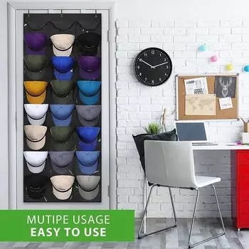 Подставка для бейсболок T1 для стены двери, видимый держатель для шляп с 3 крючками и 24 глубокими карманами, 1 шт.