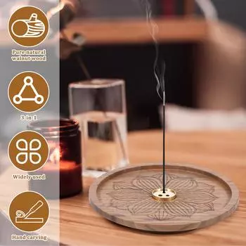 Подставка для благовоний из лотоса, подставка для благовоний из натурального ореха, со съемным латунным держателем с 3 отверстиями