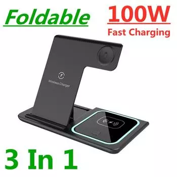 Подставка для быстрого беспроводного зарядного устройства 100 Вт для iPhone 14, 13, 12, 11, Apple Watch, складная зарядная станция 3 в 1 для Airpods Pro iWatch 8, 7 чёрный