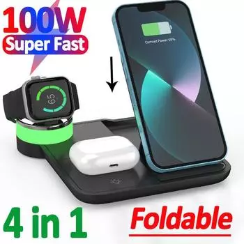 Подставка для быстрого беспроводного зарядного устройства 100 Вт, 8 лампочек, складная док-станция 4 в 1 для зарядки iPhone 14, 13, 12, 11Pro Max iWatch 8, 7 AirPods чёрный