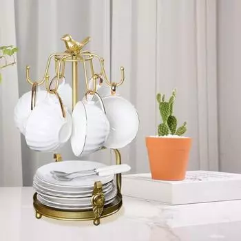 Подставка для чашки с 6 крючками и блюдцем, подставка для хранения чашек чёрный