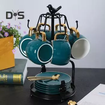 Подставка для чашки с 6 крючками, подставка для чашки и блюдца, стойка для хранения чашек с просторным основанием для кофейных чашек, чайных чашек, креативный декор и органайзер для чёрный