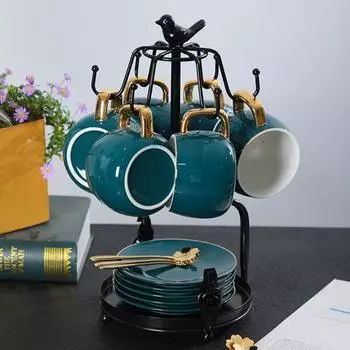 Подставка для чашки с 6 крючками, подставка для чашки и блюдца, стойка для хранения чашек с просторным основанием для кофейных чашек, чайных чашек, креативный декор и органайзер чёрный