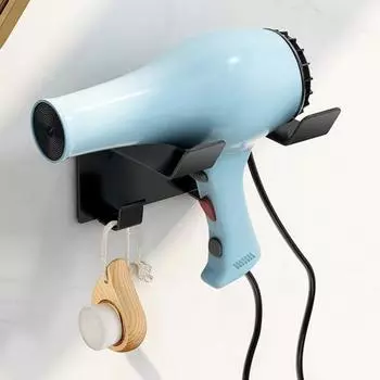 Подставка для фена, настенное крепление, держатель для хранения, прочный, выдерживающий нагрузку, водонепроницаемый, простая установка, универсальная стойка для фена, органайзер для хранения в ванной комнате чёрный