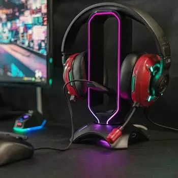 Подставка для гарнитуры RGB с держателем для шнура-резинки для мыши Держатель для гарнитуры с двумя портами USB Полка для наушников Игровые аксессуары чёрный