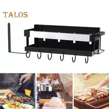 Подставка для гриля из нержавеющей стали, стойка для приправ с держателем для бумажных полотенец, крючки, простая в установке, стойка для хранения с магнитным держателем для ножей чёрный