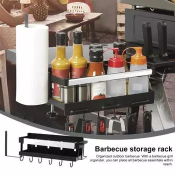 Подставка для гриля из нержавеющей стали, стойка для приправ с держателем для бумажных полотенец, крючки, простая в установке стойка для хранения с магнитным держателем для ножей чёрный