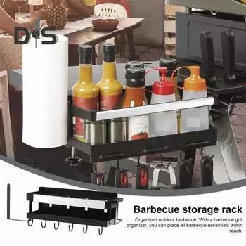 Подставка для гриля из нержавеющей стали, стойка для приправ с держателем для бумажных полотенец, крючки, простая в установке, стойка для хранения с магнитным держателем для ножей чёрный