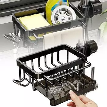Подставка для хранения губок для слива раковины, новый органайзер для смесителя для кухонной раковины 2024 года, регулируемый съемный держатель губки для кухонного смесителя, держатель для слива раковины Left чёрный