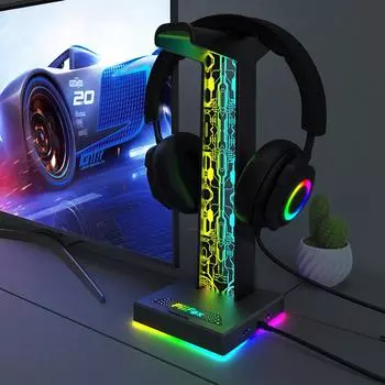Подставка для игровых наушников RGB с двумя портами USB, аудиопортом 3,5 мм, 10 световых эффектов, держатель для игровой гарнитуры для ПК геймера