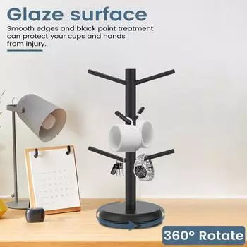 Подставка для кофейных чашек из дерева, вращающаяся на 360°, органайзер для чайных чашек, подставка с 6 крючками для кухонной столешницы, аксессуар для кофейного бара чёрный