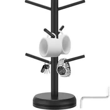 Подставка для кофейных чашек из дерева, вращающаяся на 360°, органайзер для чайных чашек, подставка с 6 крючками для кухонной столешницы, аксессуар для кофейного бара чёрный