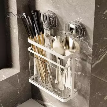 Подставка для кухонных принадлежностей с присоской, держатель для палочек для еды, большой емкости, установка без сверления, настенный органайзер для кухни с присоской, не требующий сверления чёрный