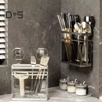 Подставка для кухонных принадлежностей с присоской, держатель для палочек для еды, большой емкости, установка без сверления, настенный органайзер для кухни с присоской, не требующий сверления чёрный