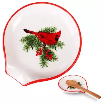 Подставка для ложки в виде кардинала, рождественский декор для кухни, красная керамическая подставка для ложки на плиту, зимняя подставка для ложки в виде кардиналов и птиц 1
