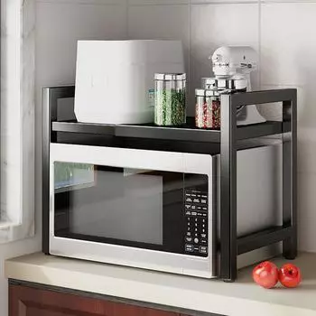 Подставка для микроволновой печи Регулируемая полка для микроволновой печи с 6 крючками для кухонного стола Выдвижная полка для духовки с прочной конструкцией чёрный