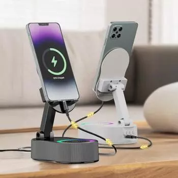 Подставка для мобильного телефона 3-в-1, Bluetooth-совместимый динамик с подсветкой, многофункциональная вращающаяся зарядка для телефона белый