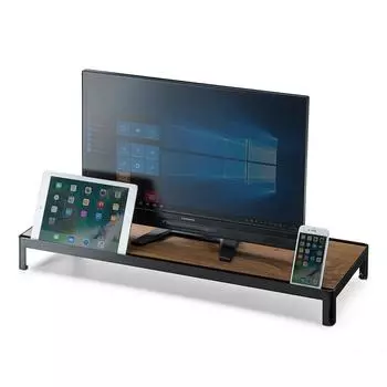 Подставка для монитора Sanwa Direct из натурального дерева, ширина 75 см x глубина 28 см, в комплект входит подставка для смартфона/планшета 100-MR121