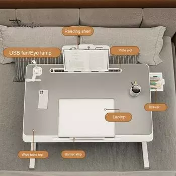 Подставка для ноутбука, переносной стол с ящиком для хранения вещей, прочный, несущий нагрузку, регулируемый, складной, столик для планшета со светодиодной лампой A серый