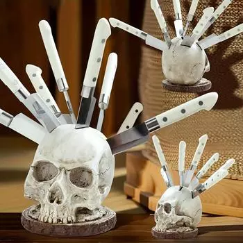 Подставка для ножей в форме черепа для хранения на кухне, держатель для ножей, жуткий декор кухни на Хэллоуин, Пасху, серый декоративный органайзер для фруктов и столовых приборов Skull Knife Holder