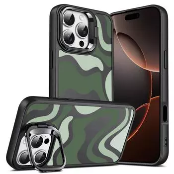 Подставка для объектива Роскошный защитный чехол с зеленым волнистым узором для iPhone 16 Pro Max 15 14 13 Pro 12 11 Мягкий силиконовый противоударный матовый чехол для телефона TPU iPhone 16 чёрный