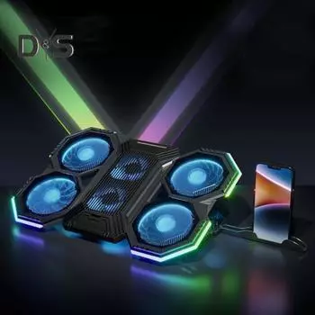 Подставка для охлаждения ноутбука с RGB-подсветкой, регулируемая по высоте, с низким уровнем шума, портативная подставка для ноутбука, игровая охлаждающая подставка для ноутбука чёрный