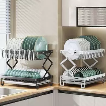 Подставка для посуды с держателем для бокалов для вина, прочная, несущая, регулируемая по высоте, двухъярусная сушилка для кухонной стойки, держатель для посуды белый