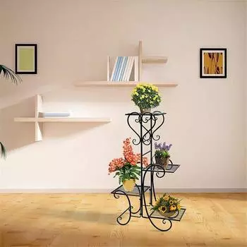 Подставка для растений, металлический держатель для цветов и трав, полки для патио на 4 растения, подставка для цветочных горшков, для использования в помещении и на открытом воздухе чёрный