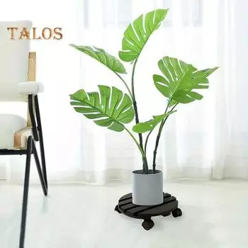 Подставка для растений на роликах с фиксируемыми вращающимися на 360° колесами. Деревянный поддон для цветочных горшков для растений в горшках. Простая сборка. Круглое основание для растений для внутреннего и наружного использования. хаки