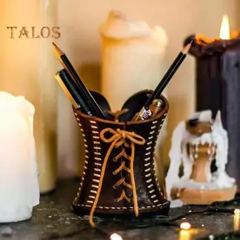 Подставка для ручек из искусственной кожи для домашнего офиса, школы, класса, карандашницы, органайзер в форме корсета, канцелярский контейнер, украшение для рабочего стола, орнамент 1pc коричневый