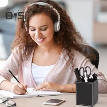 Подставка для ручек из искусственной кожи с белой строчкой, водонепроницаемый, легко моющийся, квадратный держатель для карандашей чёрный