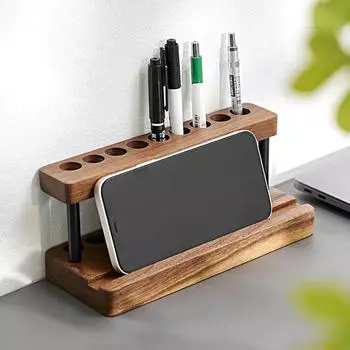 Подставка для ручек, стойка для телефона, деревянная многофункциональная подставка для сотового телефона, креативный держатель для ручек, орех, с 9 слотами
