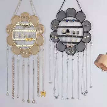 Подставка для сережек с металлической цепочкой в форме цветка, сетчатый дизайн, большая вместимость, настенное украшение, подвесной держатель для ювелирных изделий, магазин, органайзер для ожерелий чёрный