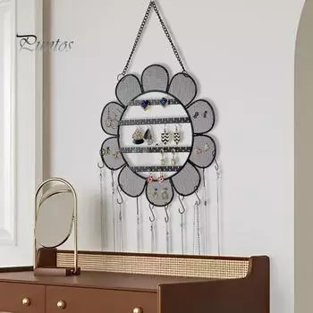 Подставка для сережек с металлической цепочкой в форме цветка, сетчатый дизайн, большая вместимость, настенное украшение, подвесной держатель для ювелирных изделий, магазин, органайзер для ожерелий чёрный