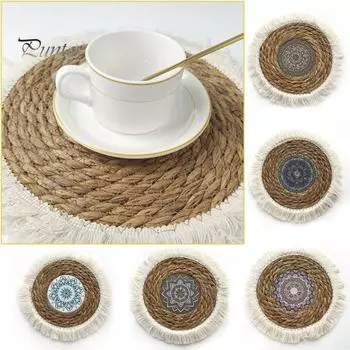Подставка для столовых приборов Круглая утолщенная термостойкая защита стола Мягкая соломенная плетеная богемная моющаяся посуда Горячие кастрюли Кастрюли Кофейная чашка Кулинария Выпечка 25cm B