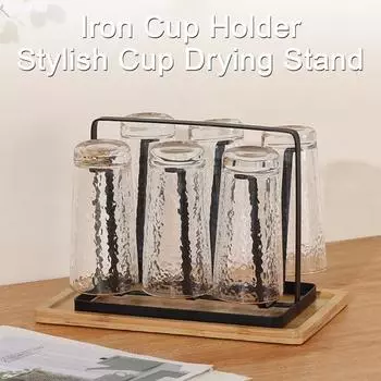 Подставка для сушки чашек, железный держатель для чашек с деревянными ковриками, 6 отделений, нескользящая сушилка для чашек, органайзер для кружек и чашек, нержавеющая кухонная стойка для хранения
