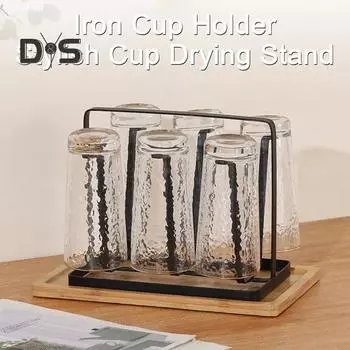Подставка для сушки чашек, железный держатель для чашек с деревянными ковриками, 6 отделений, нескользящая сушилка для чашек, органайзер для кружек и чашек, нержавеющая кухонная стойка для хранения чёрный