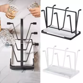 Подставка для сушки металлических чашек со съемным поддоном для сбора капель, нескользящая подставка для стаканов, кружек, чашек, держатель для 6 железных чашек для шкафа на столешнице чёрный
