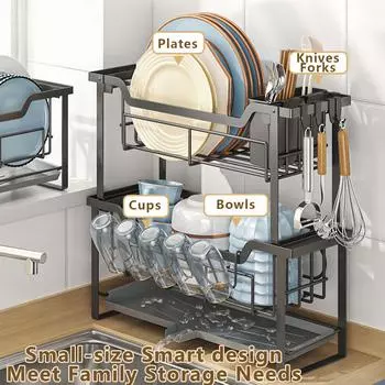 Подставка для сушки посуды, двухъярусная кухонная сушилка для посуды с крылом для сушки посуды, кухонная подставка для посуды на столешнице, держатель для хранения столовых приборов чёрный