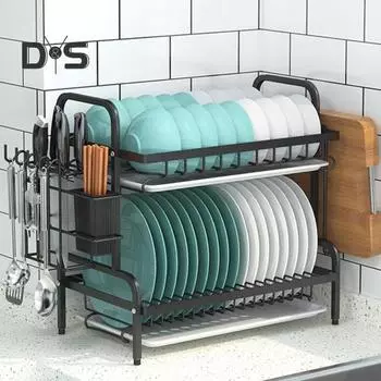 Подставка для сушки посуды с 2-уровневыми ножками с противоскользящим покрытием Вмещает 17 тарелок, 18 мисок, стаканов, ланч-боксов, органайзер для кухонной столешницы, держатель для столовых приборов, корзина для столовых приборов Dual Layer чёрный
