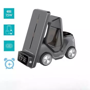 Подставка для телефона с беспроводным адаптером в виде погрузчика и ночником для iPhone15 14 13 15 Вт 5-в-1 с быстрой зарядкой и магнитным основанием GRAY серый