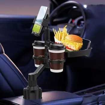 Подставка для телефона в автомобиль, подставка для крепления, вращающийся на 360 градусов столик с 2 отделениями для стаканов, регулируемый автомобильный держатель для хранения продуктов питания