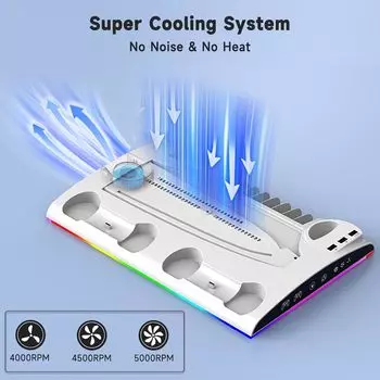 Подставка для зарядки PS5, многофункциональная светодиодная охлаждающая подставка с зарядной станцией, 2 контроллера для PS5 и консоли PS5 SLIM TP5-3570 белый