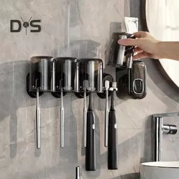 Подставка для зубных щеток, настенный держатель, установка без перфорации, конструкция с двумя зажимами, эффективный дренаж, универсальный органайзер для хранения зубных щеток чёрный/чистый