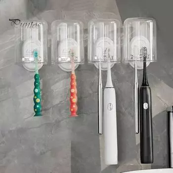 Подставка для зубных щеток, настенный держатель, установка без перфорации, конструкция с двумя зажимами, эффективный дренаж, универсальный органайзер для хранения зубных щеток чистый/чёрный