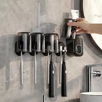 Подставка для зубных щеток, настенный держатель, установка без перфорации, конструкция с двумя зажимами, эффективный дренаж, универсальный органайзер для хранения зубных щеток