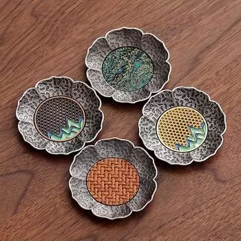 Подставка под чашку из антикварного серебряного сплава, противоожоговый бамбуковый коврик, изолированный держатель для чашки, блюдце, аксессуары для чая кунг-фу с полкой для хранения