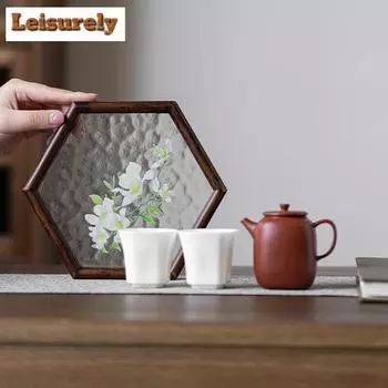 Подставка под чашку из текстурированного стекла Zen Water, шестиугольный поднос для чая из орехового дерева, японский держатель для маленького чайника, аксессуары для домашнего чайного столика
